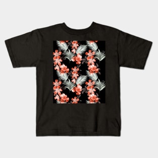 Palm Leaves And Flowers, Red Black Kids T-Shirt